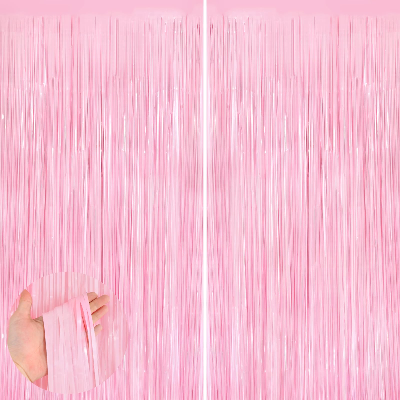 Photo 1 of 2Pack Pastel Pink Metallic Tinsel Foil Fringe Curtains, 3.3 X 8.3ft Pink Party Streamers Backdrop Curtains for Birthday Party Decorations, Halloween Decor, Foil Curtain Backdrop for Bachelorette Party