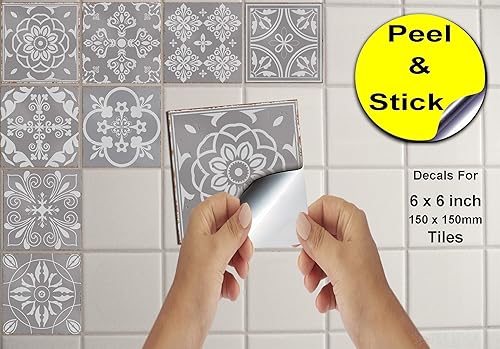24 Grey Tile Stickers Moroccan Victorian Retro Traditional Mosaic