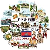 Navy Peony Captivating Cambodia Travel Stickers (28pcs) - Hand-Illustrated Angkor Wat, Khmer-Themed Vacation Decals for Journals, Scrapbooks, Luggage