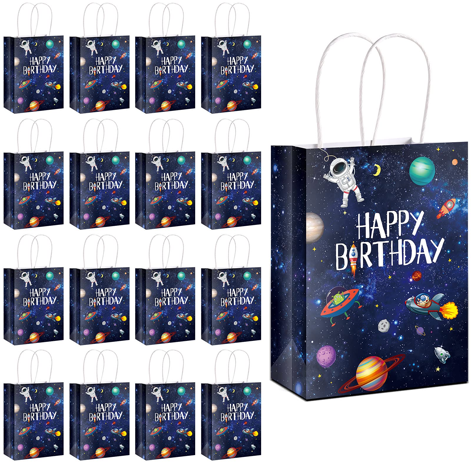 16 Pack Outer Space Party Favors Space Goody Bags with Handles Kraft Paper Galaxy Gift Bags Planet Goodie Bags Treat Bags Astronaut Present Bags for Boys Girls Birthday Space Theme Party Favors