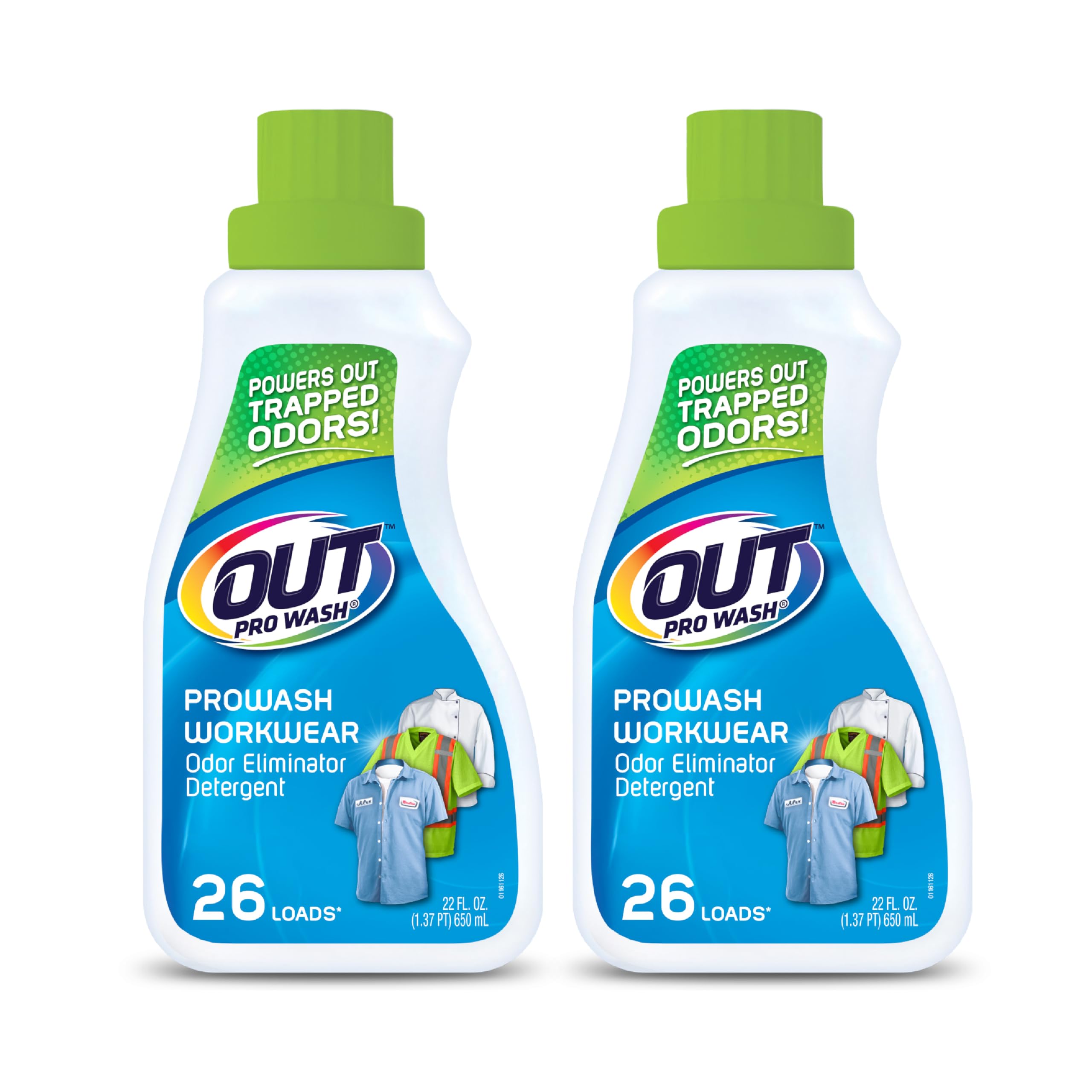 OUT ProWash Workwear Stain Remover Laundry Detergent and Odor Eliminator, Great for Work Clothes, Uniforms, Active Wear, and More, Made in the USA, 22 Ounce Bottle, 2-Pack