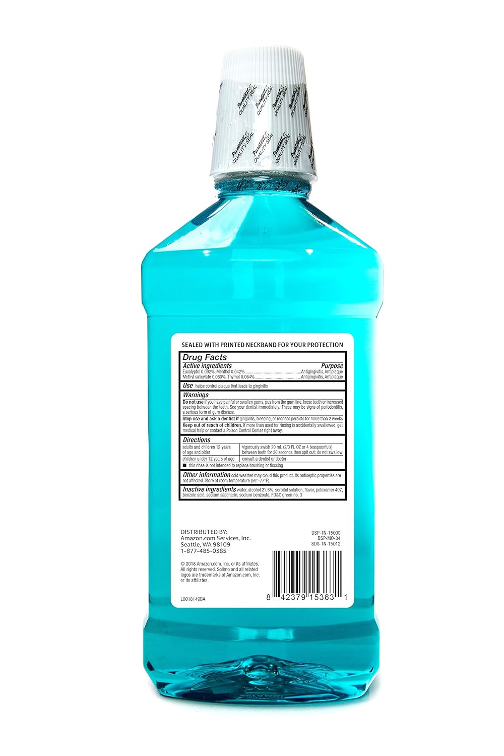  Brand - Solimo Antiseptic Mouthwash, Blue Mint, 1.5 Liters, 50.7 Fluid Ounces, Pack of 1 : Health & Personal Care