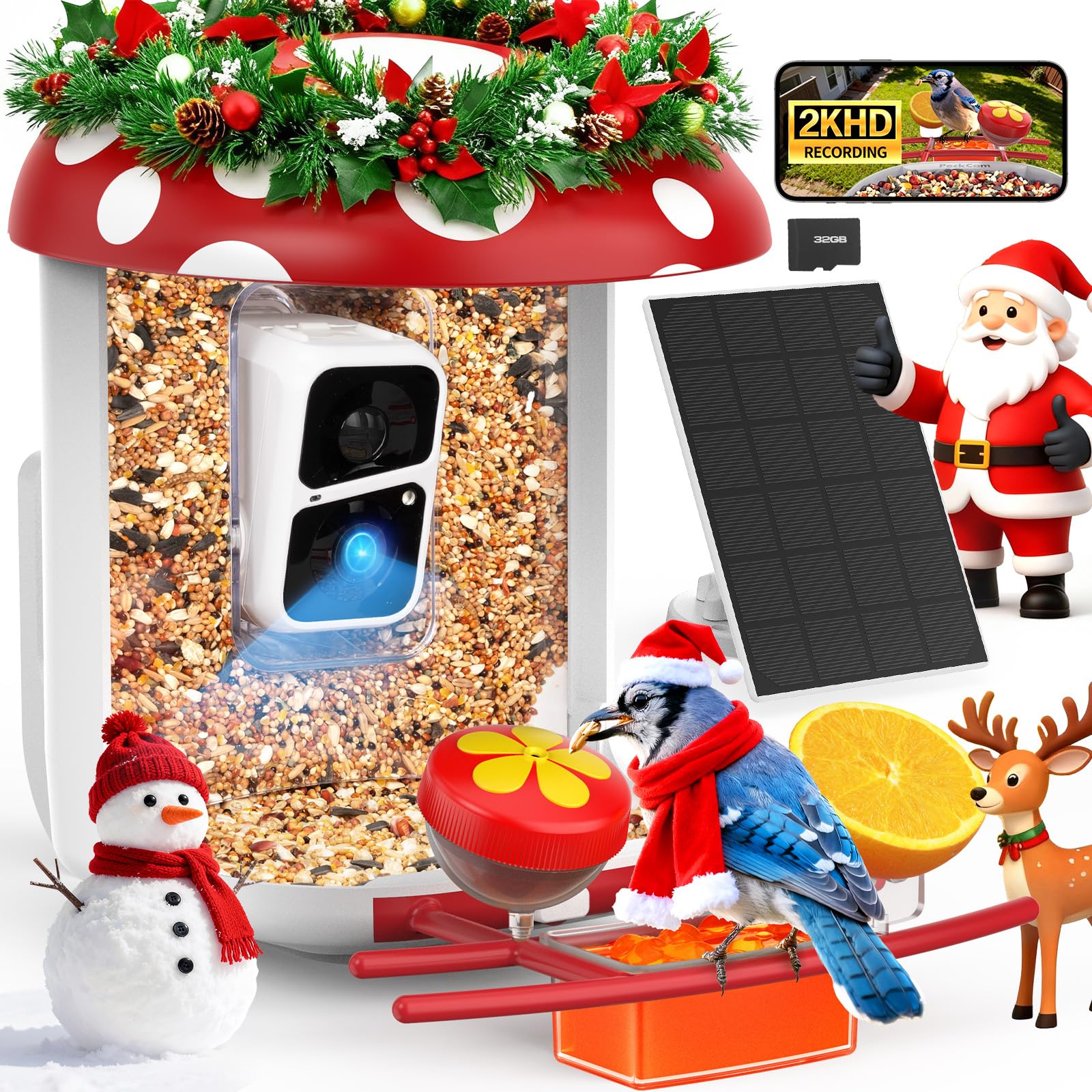 Photo 1 of PeckCam Smart Bird Feeder with Camera 2K Live Real-Time Alert AI Identify with 32G Card DIY Attachments Camera Bird Feeder Solar Powered Wireless Outdoor Birdwatching Gift for Birds Lover, Red
