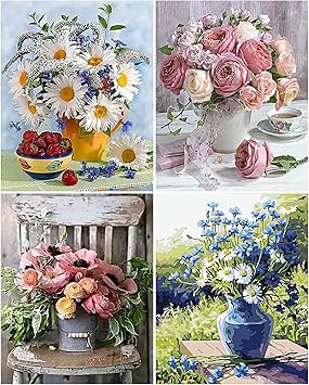 Aodaer 4 Pack Paint By Numbers Flowers Theme Diy Oil Painting Kit Drawing Paintwork With Paintbrushes Acrylic Pigment For Home Wall Decor 16 X 20 Inch Amazon Co Uk Toys Games