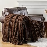 Battilo Brown Rabbit Faux Fur Throw Blanket for Couch, Soft Fluffy Ruched Fur Blanket, Cozy Thick Warm Fuzzy Decorative Mink Blanket for Bed Chair Sofa 50"x60"(Tip Dye Chocolate)