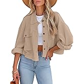 BZB Womens Waffle Knit Shacket Jackets Lightweight Cropped Shacket Long Sleeve Button Down Shirts