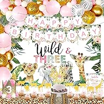 Sursurprise Jungle 3rd Birthday Decorations - Young Wild & Three Banner With Animal Garland