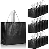 cabzymx 16 Pcs Glossy Black Reusable Gift Bags with Handles & Bases, Metallic Bling Design, Non-woven Holiday Gift Bags Bulk for Birthday, Wedding, Parties, Graduation- 12.6x4.7x11 In