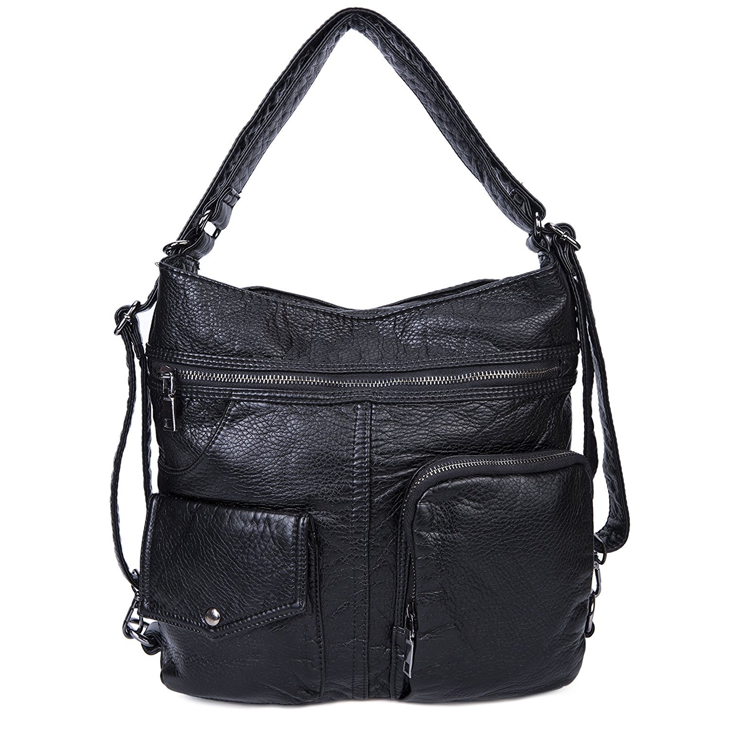 Bolsos de hombro Impermeable Mochila para mujeres Cuero PU suave lavado Bandolera Vintage Señoras-Negro2