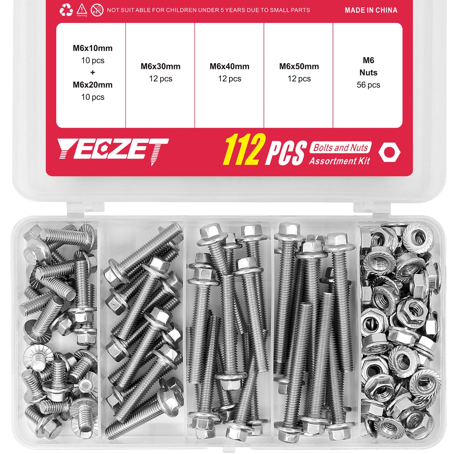 YEEZET 112PCS M6 Stainless Steel 304 Metric Flanged Hex Head Bolts and Nuts kit 10mm 20mm 30mm 40mm 50mm