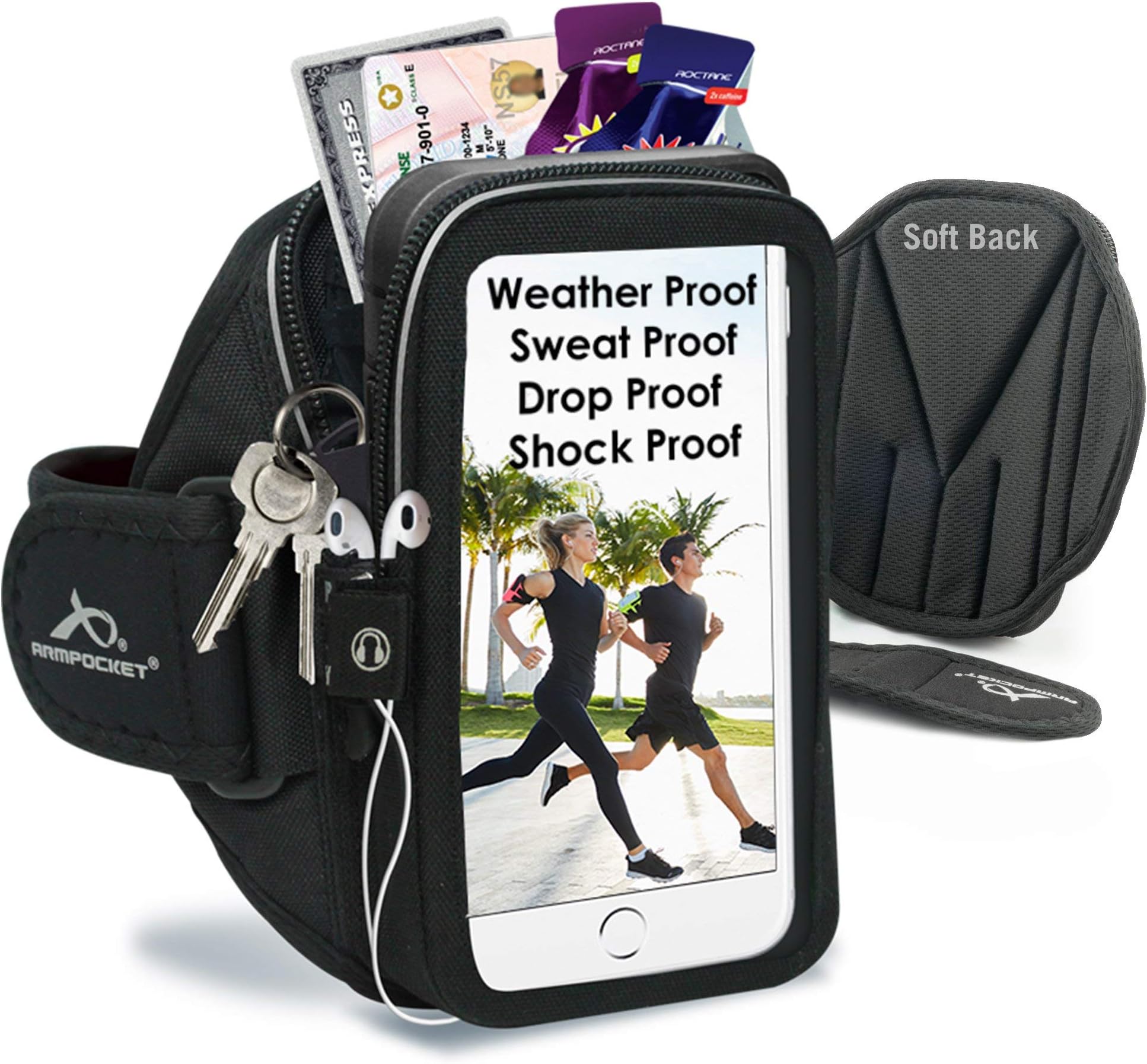 Phone Armbands for Running | Armpocket Mega i-40 Plus Phone Armband | Compatible with iPhone 12 Pro Max, 11 Pro Max, Galaxy S21 Ultra, Pixel 4 XL, Phones with Cases up to 7 Inches | Black Small Strap