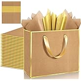 Addblu 12 Pack Large Gift Bags with Handles - Includes 36 Tissue Papers, 11.8x10x4 Inches for Thank You, Wedding, Bridesmaid, Birthday Party, Valentine's Day, Holiday (Brown and Gold Trim, 12Pcs)
