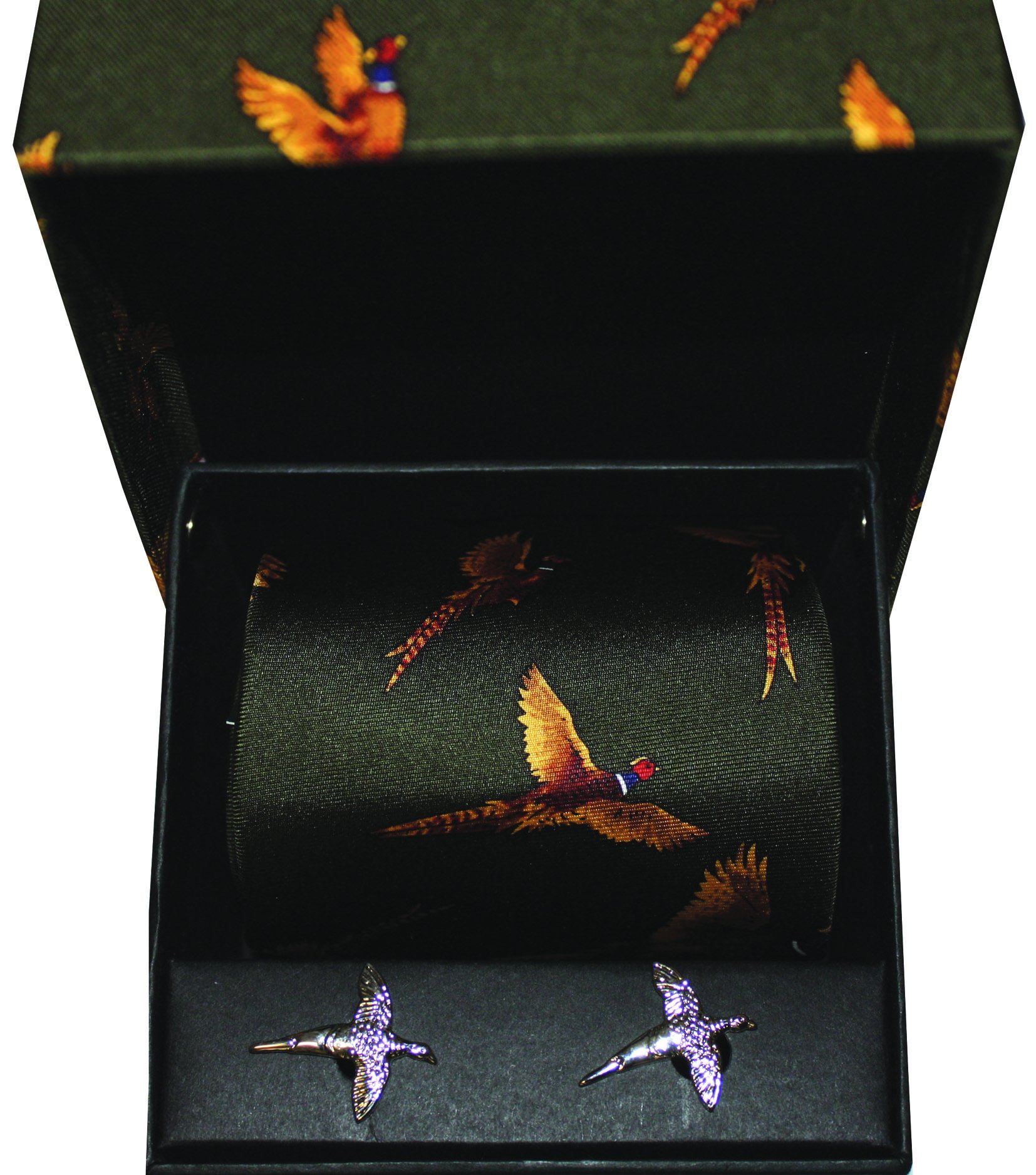 A smart boxed set of a silk Soprano Green Pheasant Country Tie with Matching Silver Cufflinks in a gift box