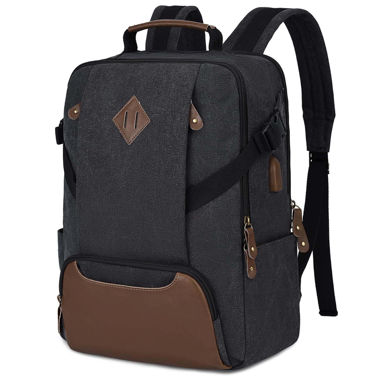 Kasgo Backpack for Mens, Vintage 15.6 inch Laptop Rucksack Bag USB Charging Anti-theft Canvas Backpack Casual Daypack School Bag for Women Teens Travel Work Hiking Camping Business, Black