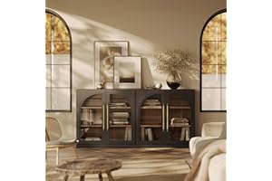 BELLEZE 65" Arched Sideboard with Glass Door, Accent Buffet Cabinet with Storage and Adjustable Shelves, Classic Modern Large Console Table for Dining Room Living Room Entryway (Ebony)