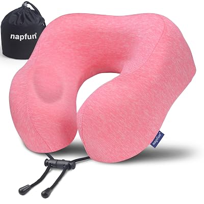 napfun Neck Pillow for Traveling, Upgraded Travel Neck Pillow for Airplane 100% Pure Memory Foam Travel Pillow for Flight Headrest Sleep, Portable Plane Accessories, Rose