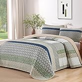 WONGS BEDDING Boho Quilt Queen Size, Bohemian Stripe Quilt Sets 3 Pieces Khaki Green Quilted Bedspread Set Lightweight Microfiber Coverlet Bedding Set All Season (96"x90")