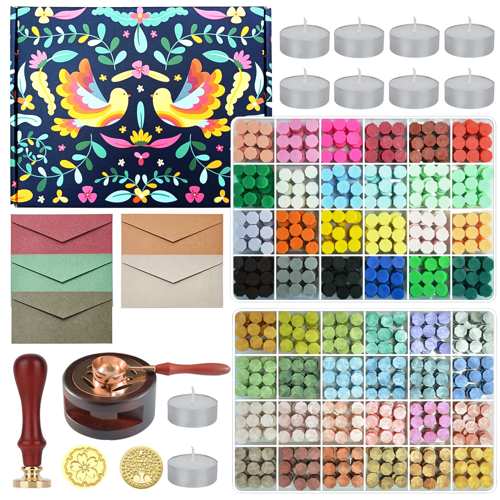 Wax Seal Stamp Kit with Gift Box,48 Color 1200 Pcs Sealing Wax Beads with 2 Pcs Seal Stamp,Warmer,Spoon,Metallic Pen and 10Pcs Tea Candles for Wedding Invitations Wrapping Christmas Letters — image 1