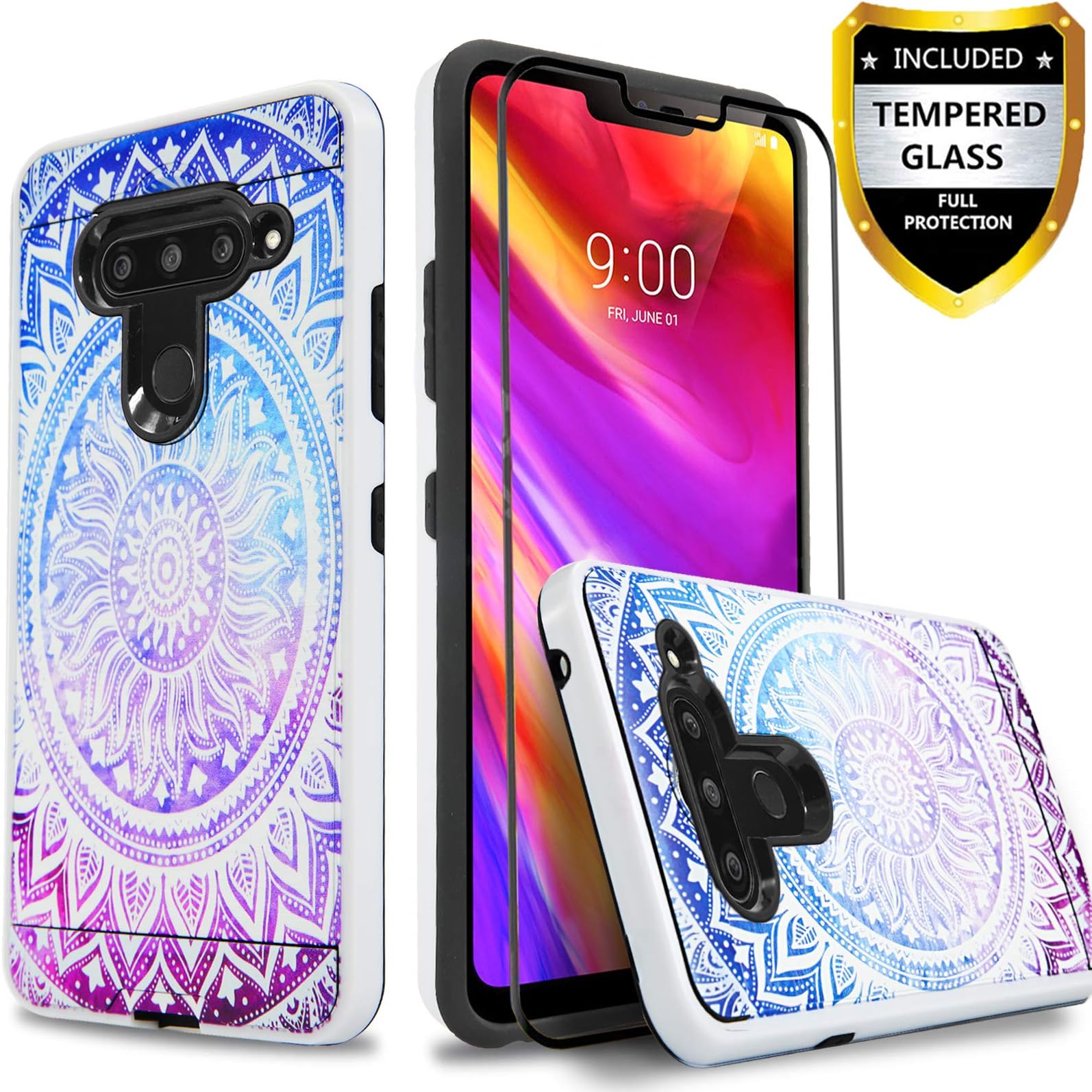LG V40 ThinQ Case, LG V40 Case, With [Full Cover Tempered Glass Screen Protector] Circlemalls 2-Piece Style Drop Protection Shockproof Rugged Protective Phone Cover And Stylus Pen-Bright Mandala Flor