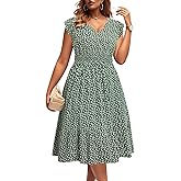 Plus Size Summer Dresses - Boho Casual V Neck Ruffle Sleeve Midi Sundress with Pockets