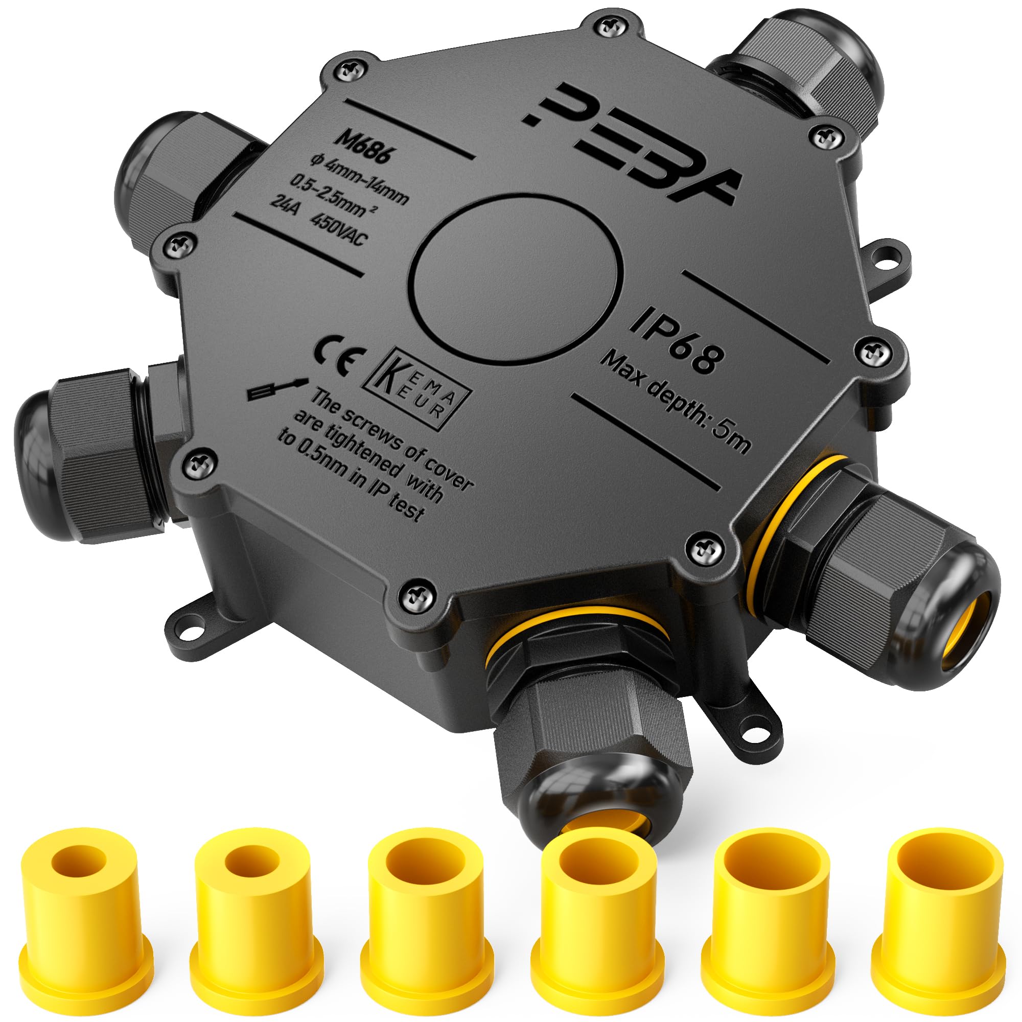 PEBA® IP68 Waterproof Junction Box, Big 5-Way Outdoor Wire Connectors, Extension Electrical Cable Protector for Cable Diameter Ø4mm-14mm Black