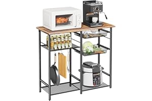 LAKEMID Kitchen Baker’s Rack, Microwave Stand with 2 Mesh Basket, Coffee Bar, 6 S-Shaped Hook, for Kitchen Storage Shelf, Living Room, Rustic Brown and Black