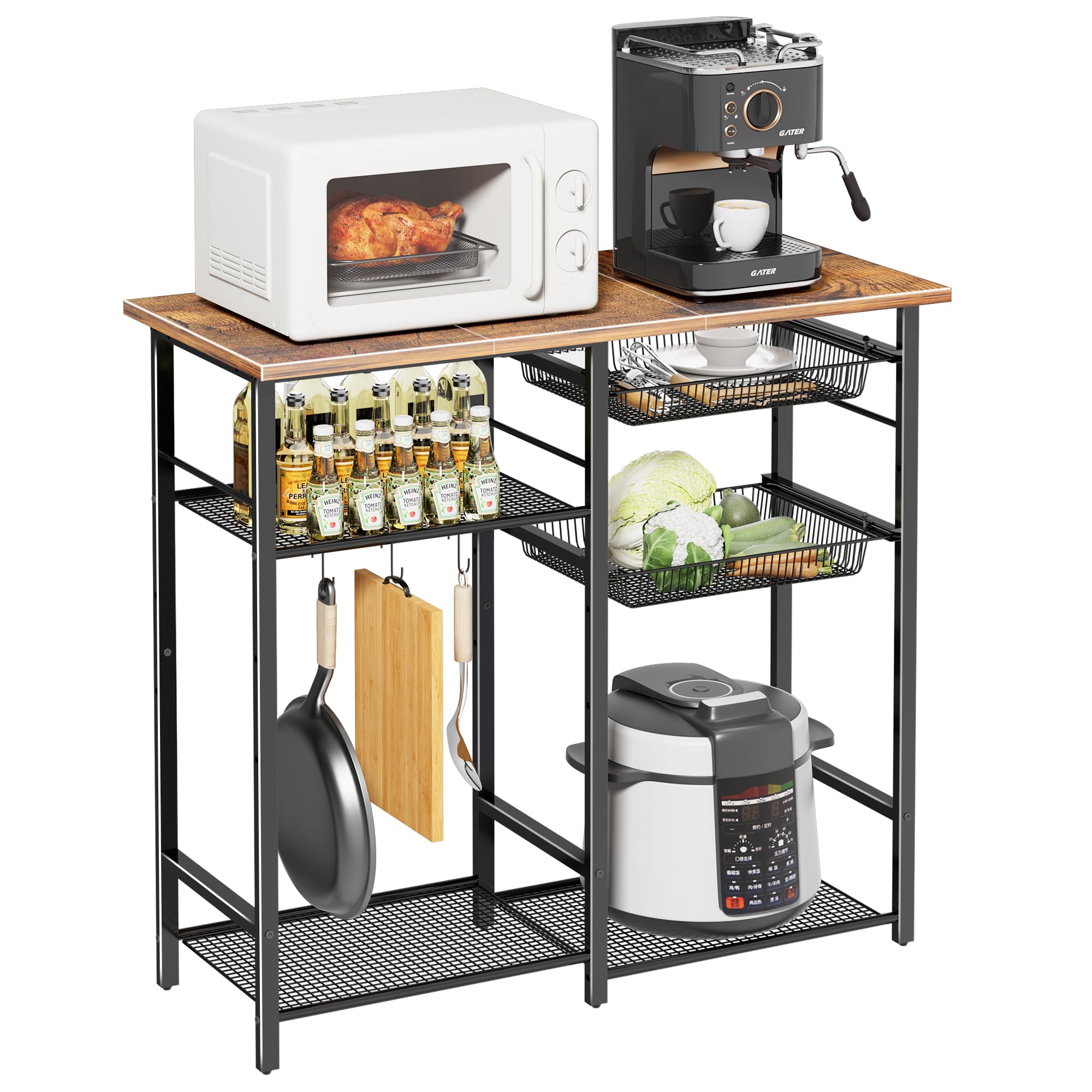 Photo 1 of LAKEMID Kitchen Baker’s Rack, Microwave Stand with 2 Mesh Basket, Coffee Bar, 6 S-Shaped Hook, for Kitchen Storage Shelf, Living Room, Rustic Brown and Black
