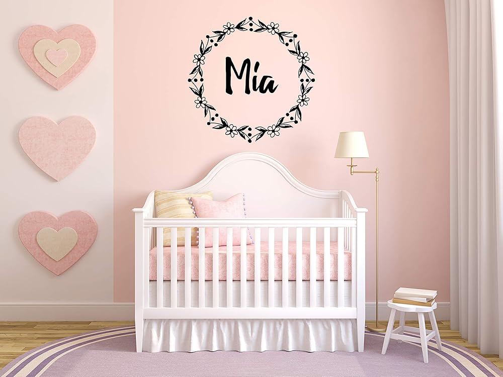 Vinyl Sticker Mia Girl Floral Name Font Type Kids Room Nursery Mural Decal Wall Art