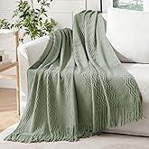 MIULEE Sage Knitted Throw Blanket for Couch Boho Green Textured Cozy Woven Decorative Farmhouse Blanket with Tassels for Sofa Chair Bed Living Room, Lightweight Spring Home Decor 50"x60"