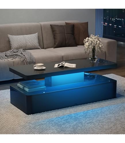 BESTWANTED Modern Black Gloss Coffee Table With LED Lights & 4 Drawers - Storage Table For Living Room