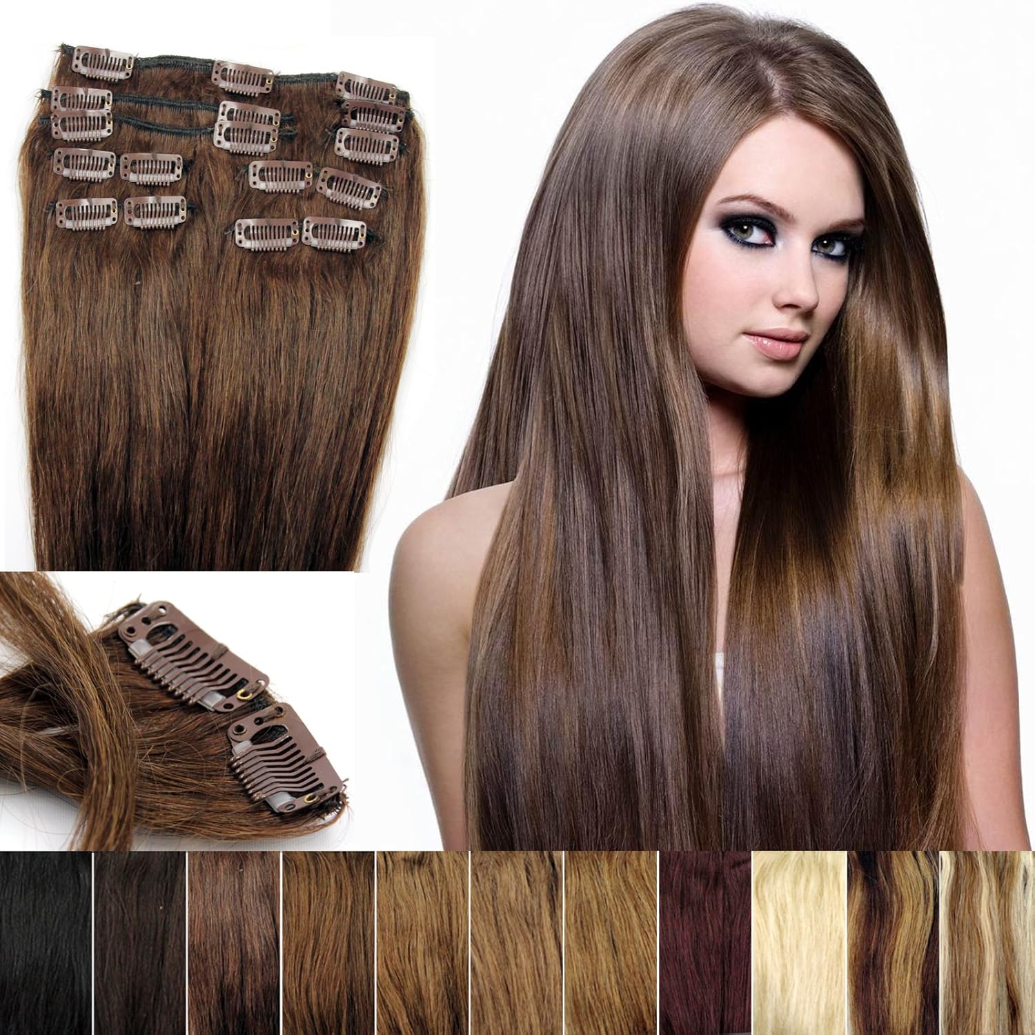 OUBO Remy Clip In Extensions Set 17 Clips 9 Teilig Echthaar Dicke Haarverlängerung Haarverdichtung Haarteil Glatt 11 Farben 10 Hellbraun 50cm