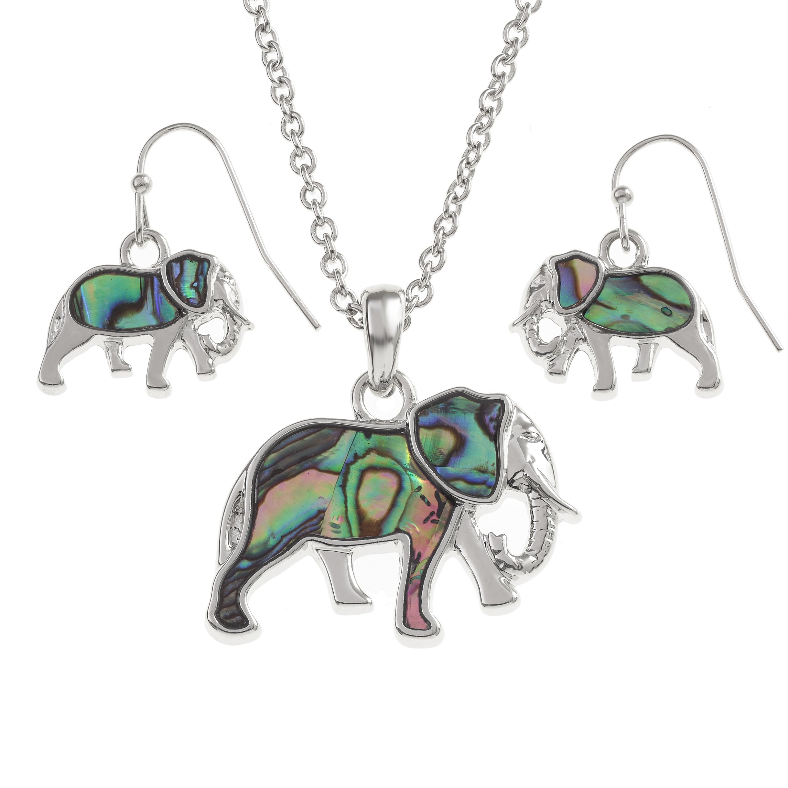 Kiara Jewellery Elephant Boxed Set of Pendant Inlaid With Natural greenish blue Paua Abalone Shell on 18" Trace Chain Together With Matching Hypoallergenic Rhodium plated Earrings.