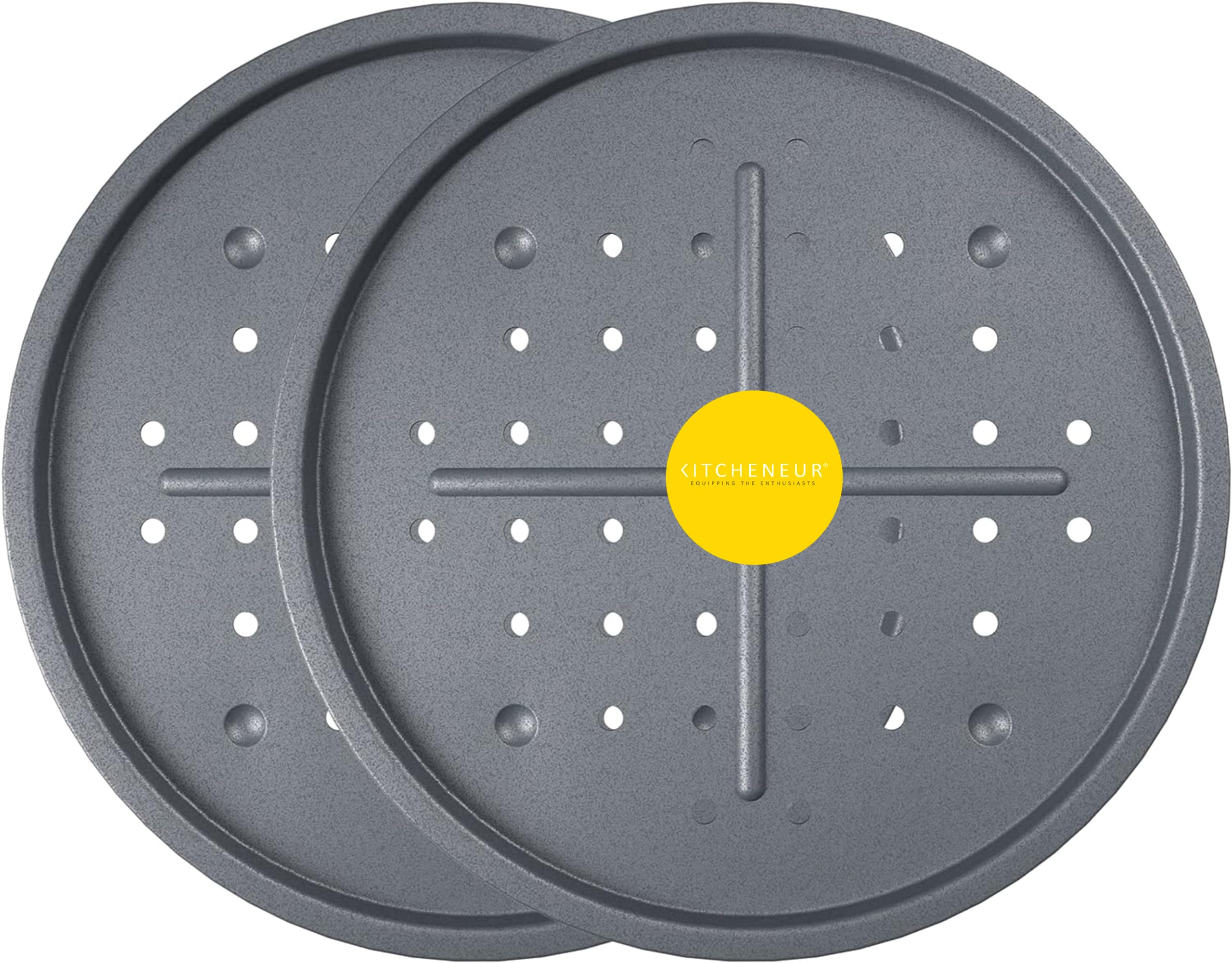 Kitcheneur 2-Pack Large Perforated 33.5cm Pizza Oven Tray – Pizza Baking Tray for Oven with Holes – Non Stick Pizza Tray – Multi-Pack Pizza Trays are Easy to Clean & Dishwasher Safe