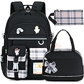 KIDNUO Backpack for Girls 15.6 Inch Laptop School Bag Kids Elementary College 3pcs Backpacks Lunch box Pencil Case Set Bookbags for Girls Teen Women Student Black