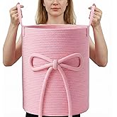 Glooglitter Pink Bow Laundry Basket Large Cotton Rope Storage Basket 16'' x 22'' Woven Laundry Hamper with Handles for Clothes Blanket Pillow Towels Living Room Bathroom Decor