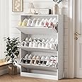 Shoe Storage Cabinet for Entryway with 3 Flip Drawers, Sturdy Wood Hidden Shoe Storage, Freestanding Narrow Slim Shoe Organizer for Front Door Entrance, Living Room, Hallway, Bedroom, White