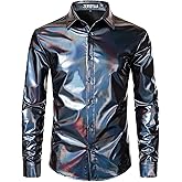 ZEROYAA Men's 70s Disco Button Down Shirt Shiny Metallic Long Sleeve Costume for Party Prom