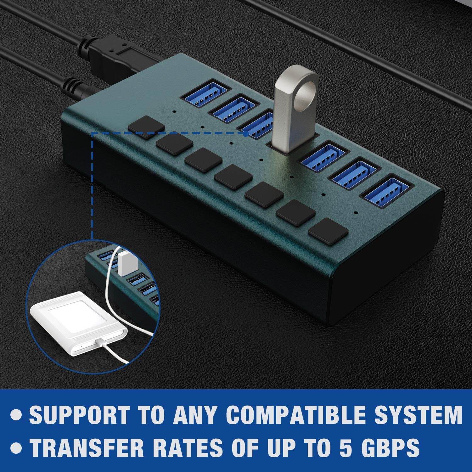 USB 3.0 Hub -7 Ports Powered USB Hub 36W USB Charging Hub with Individual On/Off Switches and 12V/3A Power Adapter and Multi-USB Port for PC, Laptop, Computer, Mobile HDD, Flash Drive and More（Green: Computers & Accessories