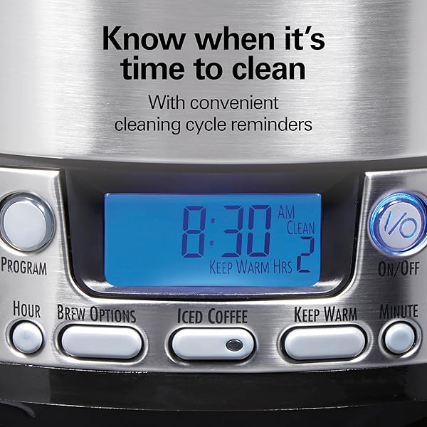 HAMILTON BEACH ONE PRESS PROGRAMMABLE DISPENSING 12 CUP COFFEE MAKER WITH INTERNAL COFFEE POT, STAYS WARM AND FRESH FOR HOURS, 60 OZ. REMOVABLE RESERVOIR, BLACK & STAINLESS STEEL (47950)