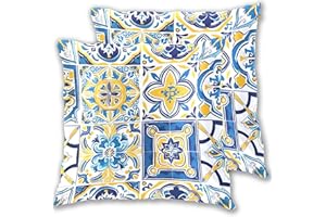 GAIGEO Italian Tiles Blue Yellow Throw Pillows Cover 2 Packs, Sofa Bed Pillow Cases Decorate Boho Home Decor Couch 18x18 inch