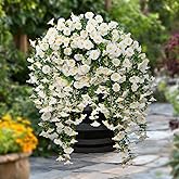 Lcuasc 2Pcs Outdoor Faux Hanging Flowers Artificial Morning Glory with Eucalyptus Leaves UV Resistant Look Real Fake Plants for Outside Planter Porch Patio Balcony Yard Decor(White)