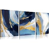 DNIEOTU Abstract Wall Art for Living Room, Blue White and Gold Canvas Wall-Decor for Bedroom, Picture Prints, Size 12 x 16 Inches 3-Pieces