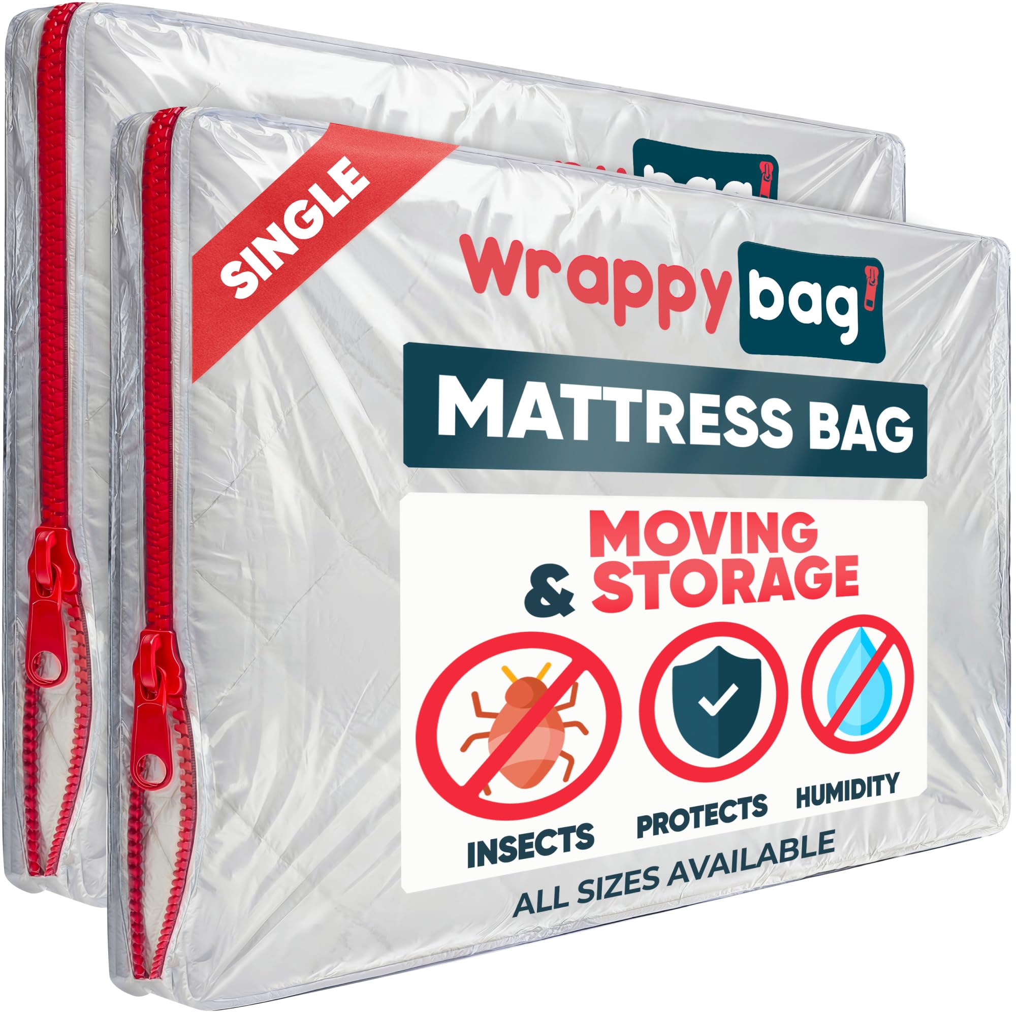 WRAPPYBAG – Protective Plastic Mattress Case — Double Size — Waterproof, Anti-Tear Storage Bag — for House Moves, Storage and Transport - Single - Pack of 2