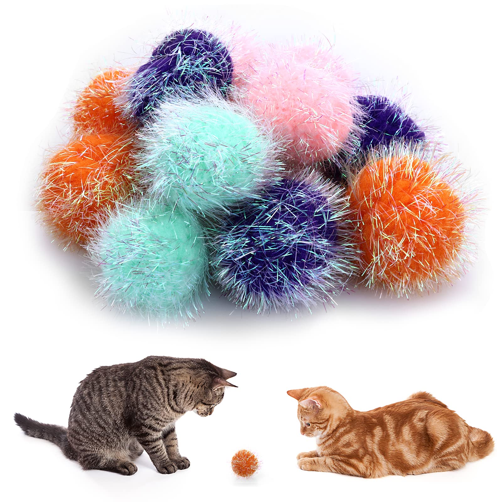 Cobee Large Sparkle Ball Toys, 12pc 2in Cat Pom Pom Balls - Interactive Indoor Kitten Play Toy