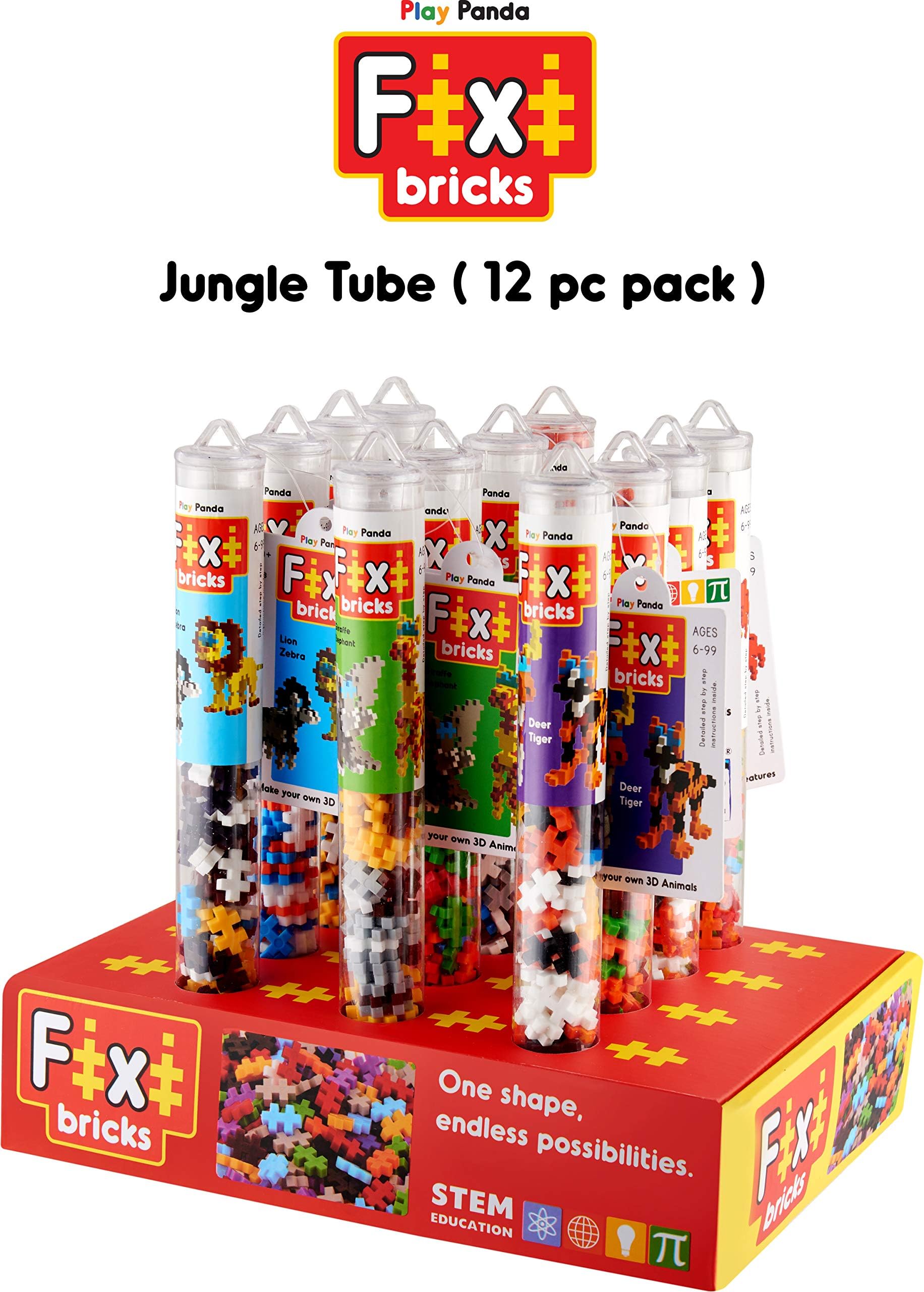 Play Panda Fixi Bricks Jungle Tube - Birthday Party Pack - 12 Tubes - Each Tube has 110 pcs, Detailed Assembly Instructions and Storage Tube - Small Parts (Age 6-99 Years)