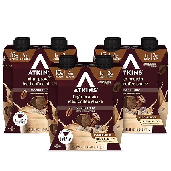 ATKINS MOCHA LATTE ICED COFFEE FLAVORED PROTEIN SHAKE, HIGH PROTEIN, LOW GLYCEMIC, LOW CARB AND LOW SUGAR SHAKES, KETO-FRIENDLY, 12 PACK