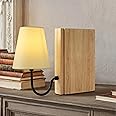 AELS Wooden Bookshelf Lamp with Bulb, Cordless Touch Dimmable Table Lamp with Linen Fabric Shade, Battery Operated, Modern Decorative Bookend, Book Sconce for Office Home Bedroom Bookshelf, Natural