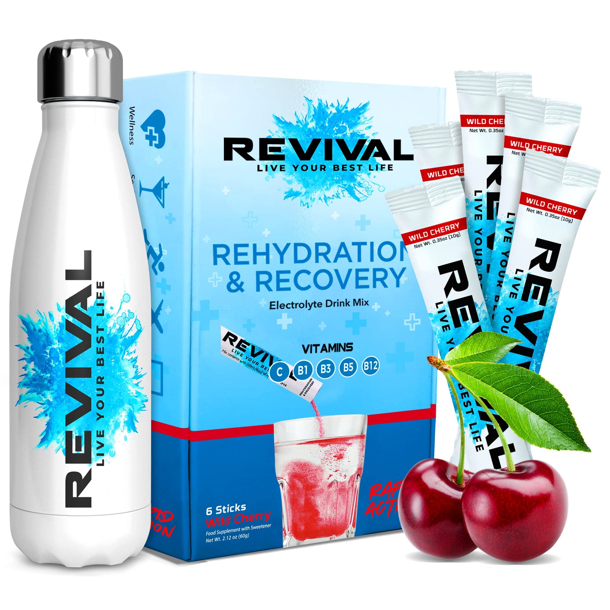 Revival Rapid Rehydration Starter Pack - 500ml Steel Water Bottle with 1 x 6 Packs Electrolytes Powder Sachets - Cherry