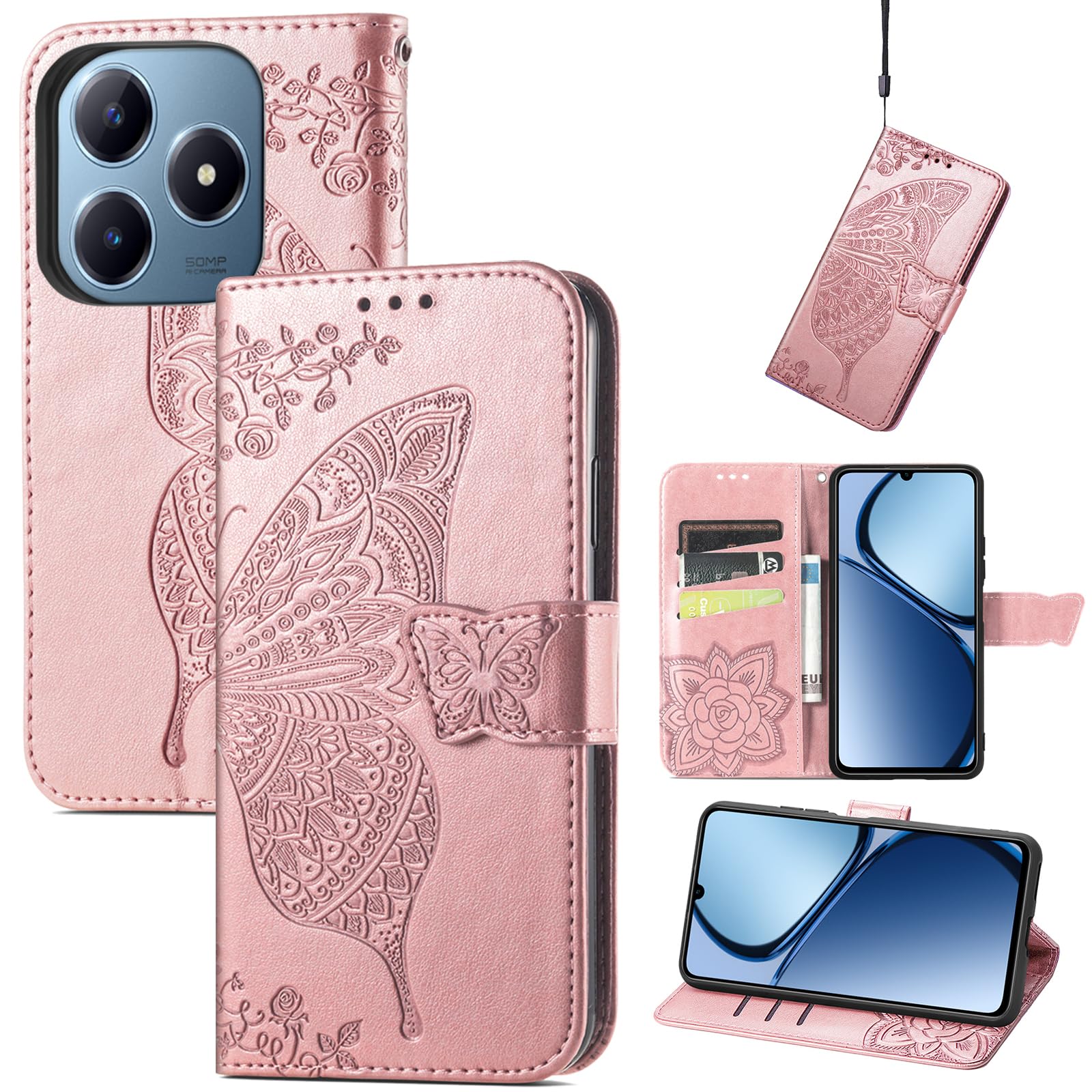 JIUNINE Case for Realme C63 / Realme C61, Leather Wallet Case Flip Cover with Butterfly Embossed Pattern [Card Holder] [Magnetic Closure] [TPU Inner Shell] for Realme C63 / Realme C61, Rosegold