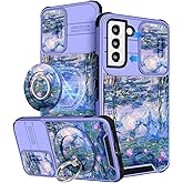 Buleens for Samsung Galaxy S22 Case - with Ring Stand & Camera Cover Aesthetic Cute Designed Women Girls Girly Pretty Blue Water Lily for Galaxy S22 Phone Case Compatible with Magsafe 6.1"
